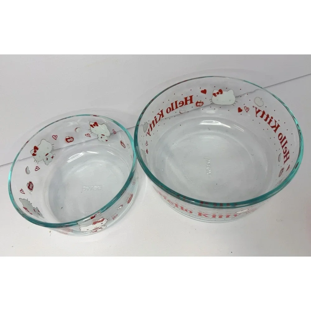 Pyrex Hello Kitty Glass Food Storage Containers Red Lids Set 4 Pcs / 2 Bowls